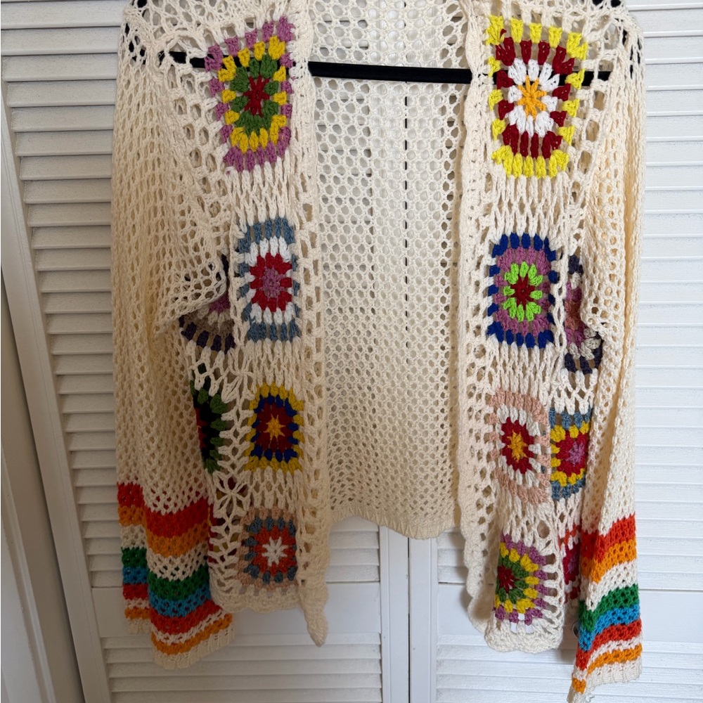 Colorful Crochet Open-Front Sweater